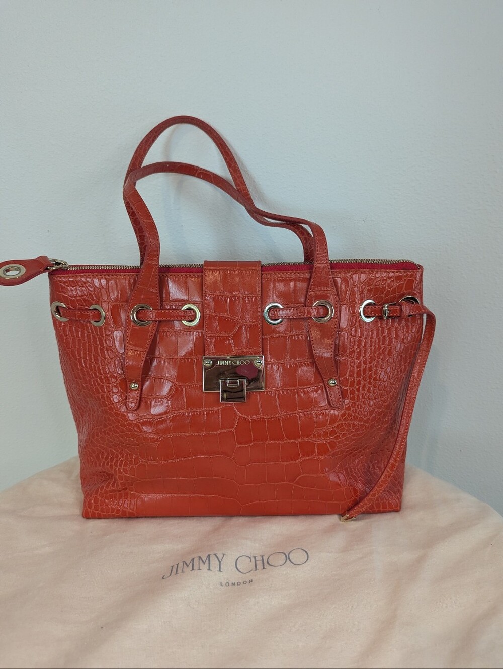 Authentic Jimmy Choo Coral Croc Embossed Leather Rhea Shopper Tote Bag
